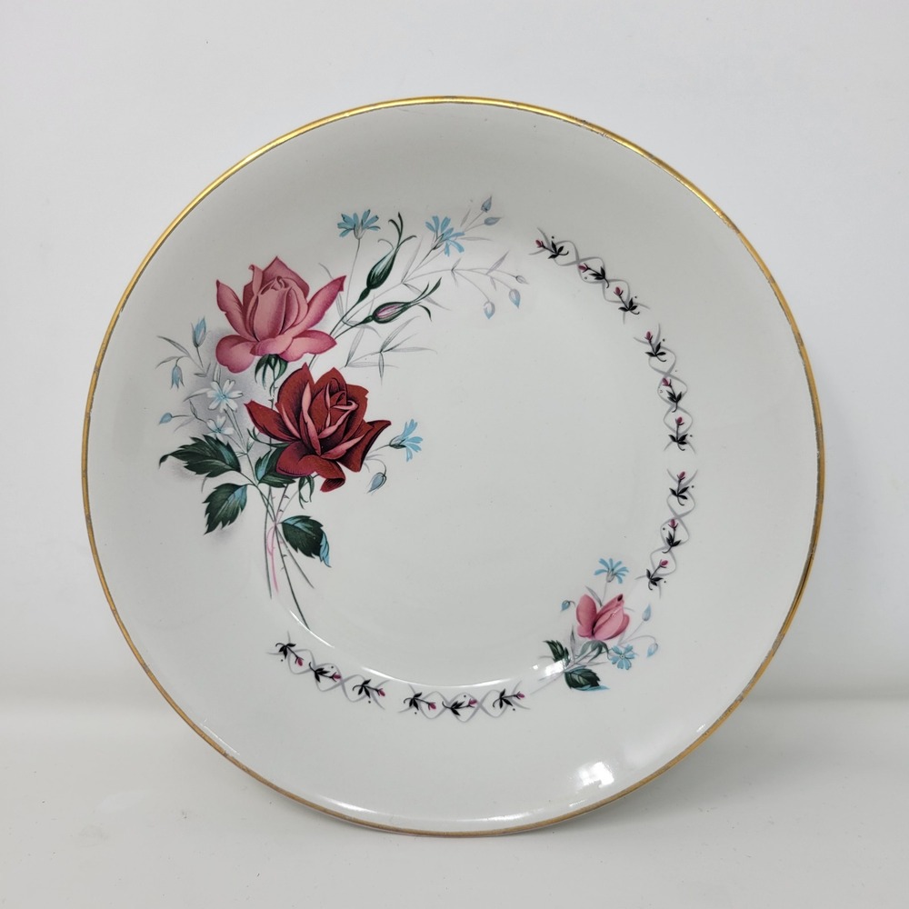 Ridgway Staffordshire England Rose Floral Bowl Gold Trim 7‎ Inch Vintage